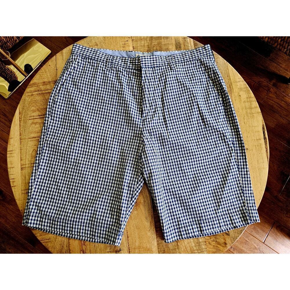 J. Crew Men’s Gingham Check 100% Cotton Flat Front Shorts Size 34 Navy Coastal